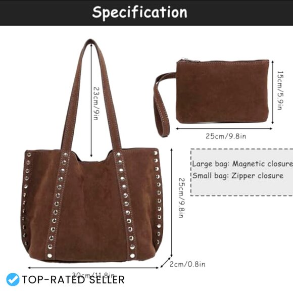 Faux Suede Tote Bag Studded Hobo Shoulder Handbag Vintage Trendy Mini Purse - Picture 2 of 4